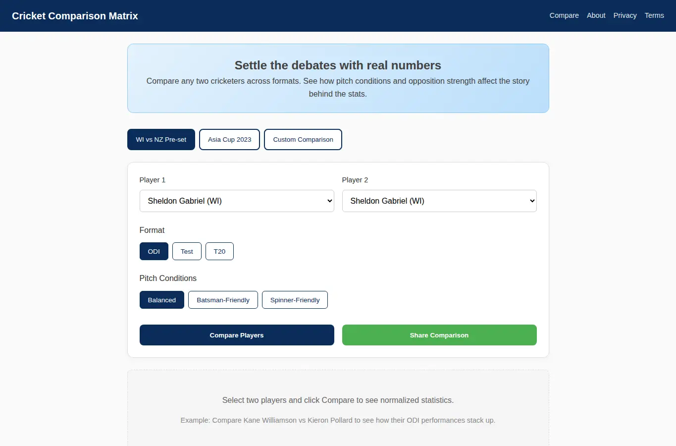 Screenshot of Cricket Comparison Matrix interface showing the project page in use